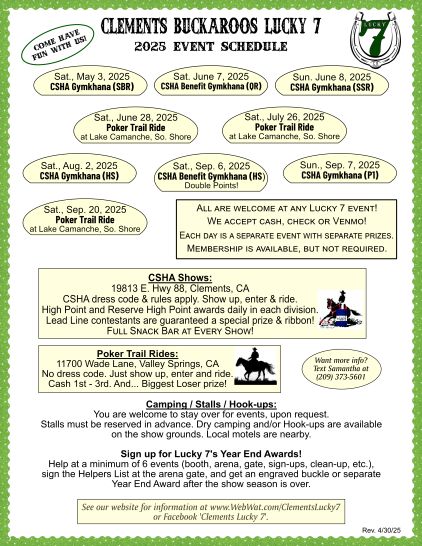 Clements Buckaroos Lucky 7 2025 Show Schedule